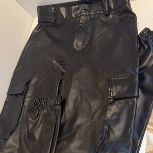 Black Faux Leather Cargo Pants